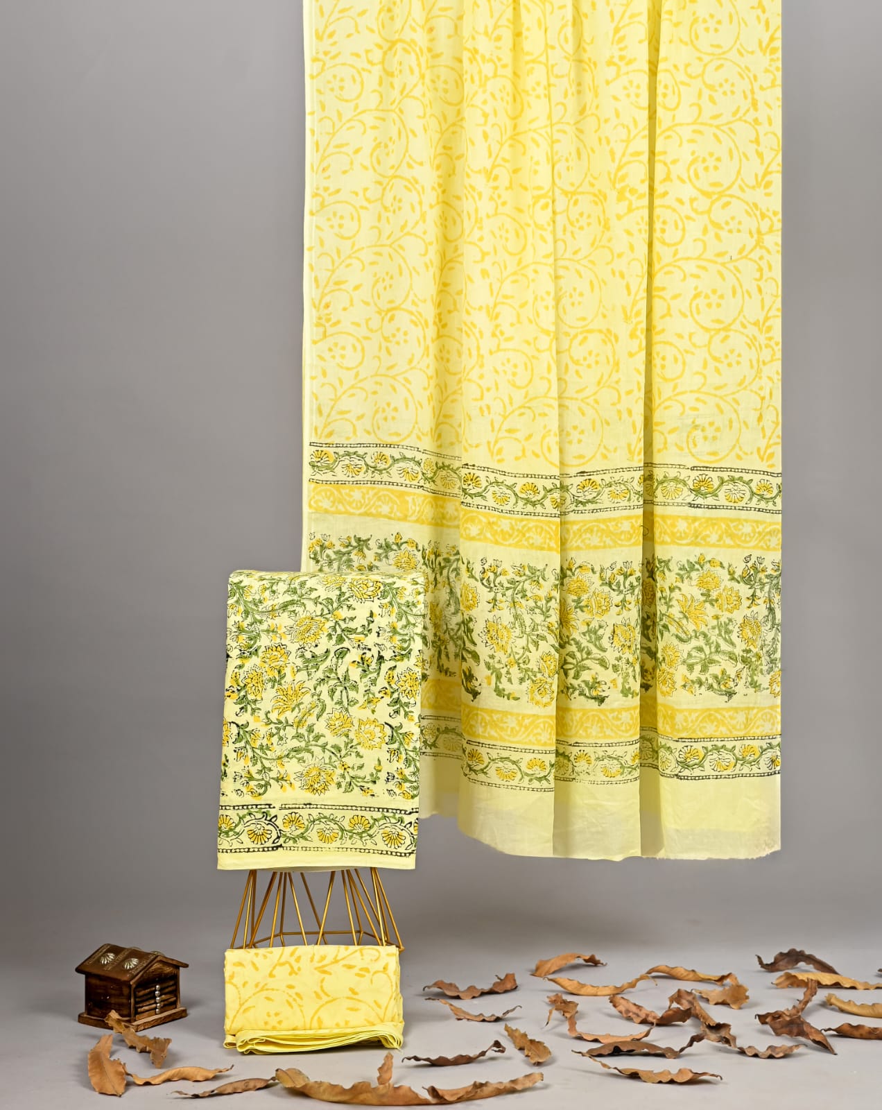 Lemon Yellow Botanical Block Print Cotton Suit