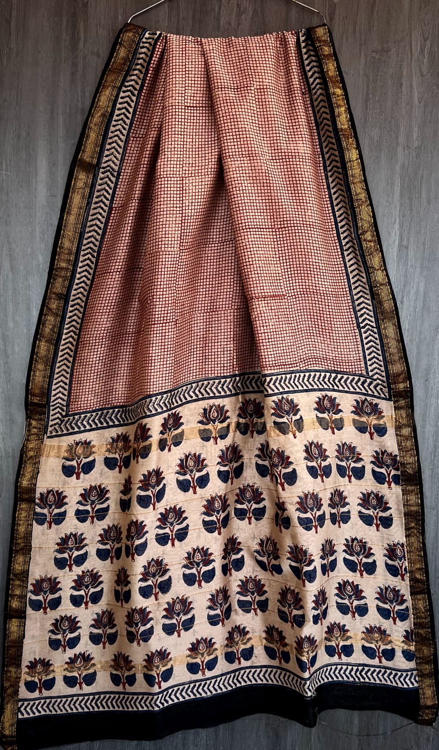 Authentic Bagru Handblock Print Pure Maheshwari Silk Saree