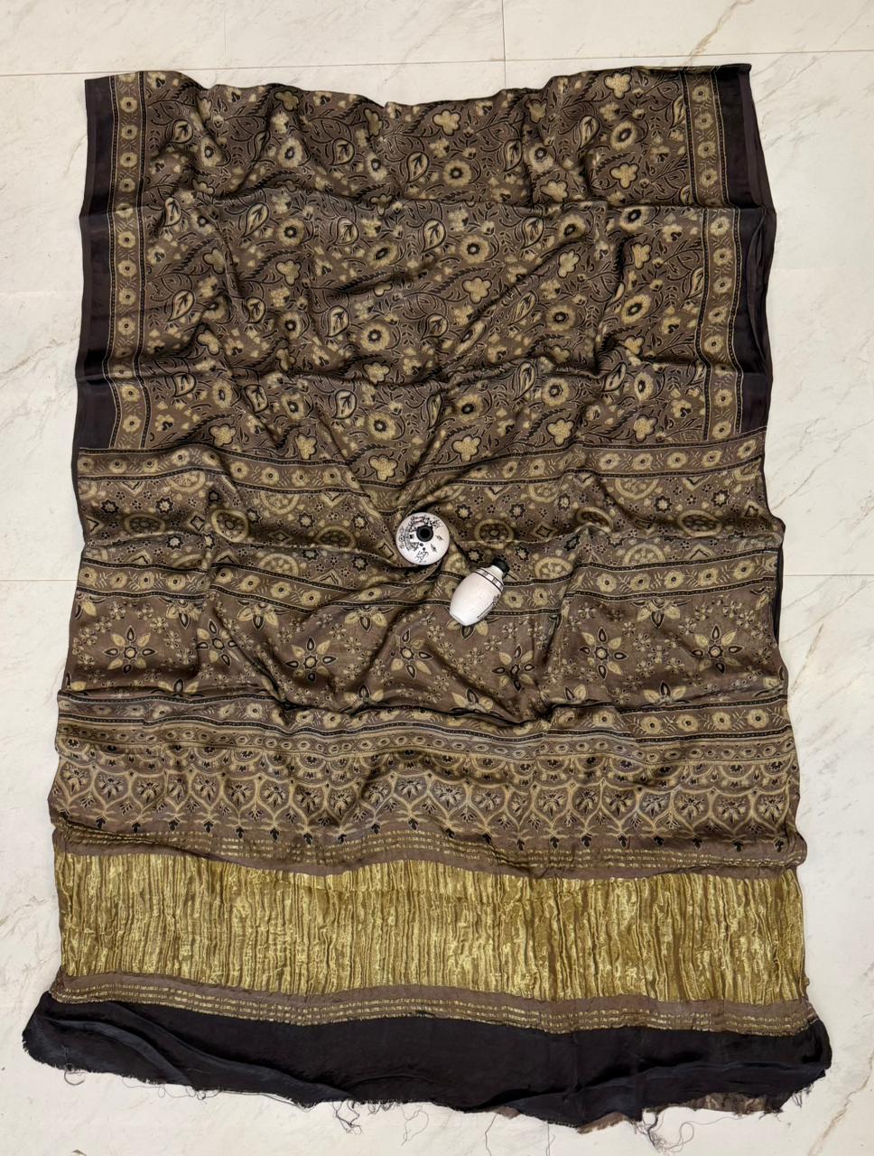 Authentic Kutch Bhuj Ajrakh Printed Pure Gajji Silk Weave