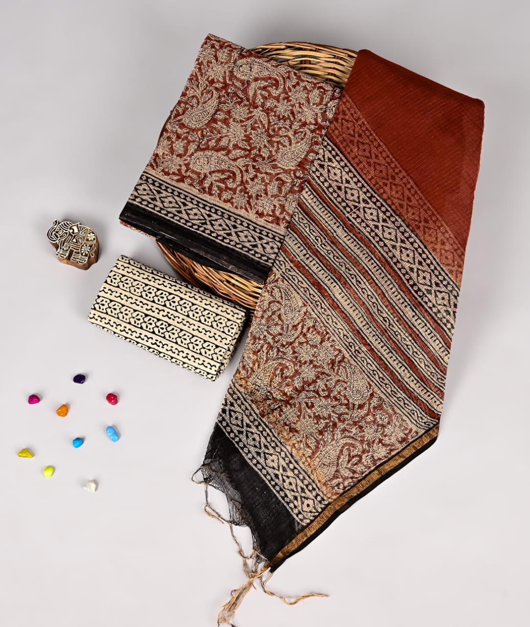 Exclusive Bagru Printed Pure Kota Doria Ensemble