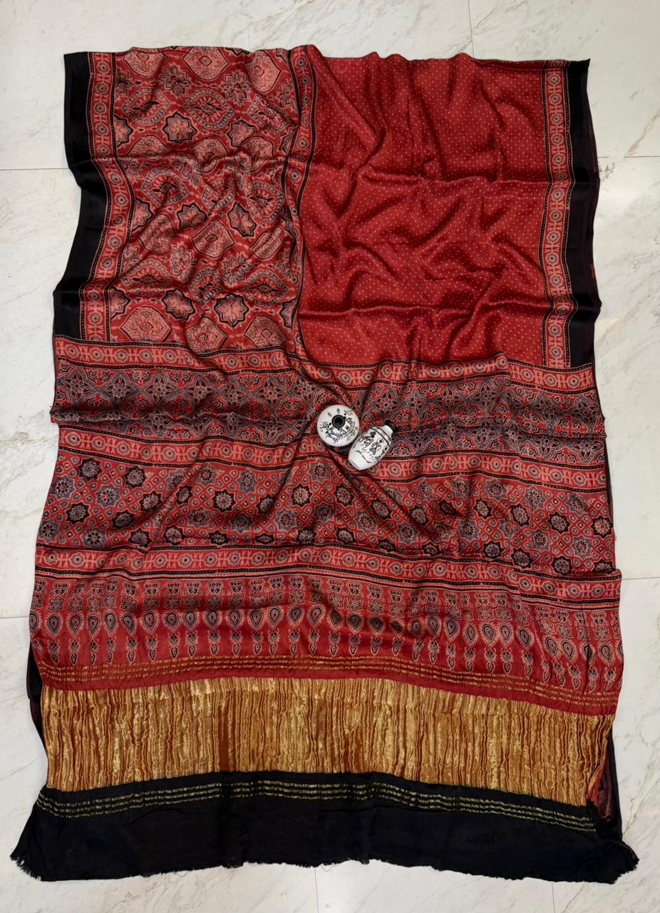 Premium Kutch Bhuj Ajrakh Print Gajji Silk Weave Saree