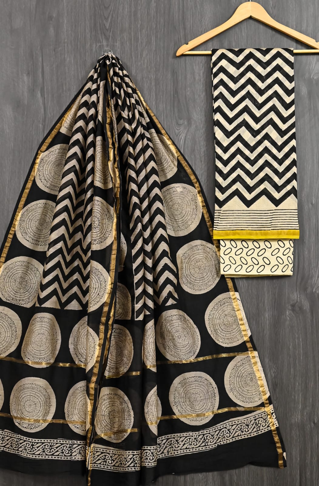 Pure Chanderi Silk Suit Classic Bagru Handcrafted Motif