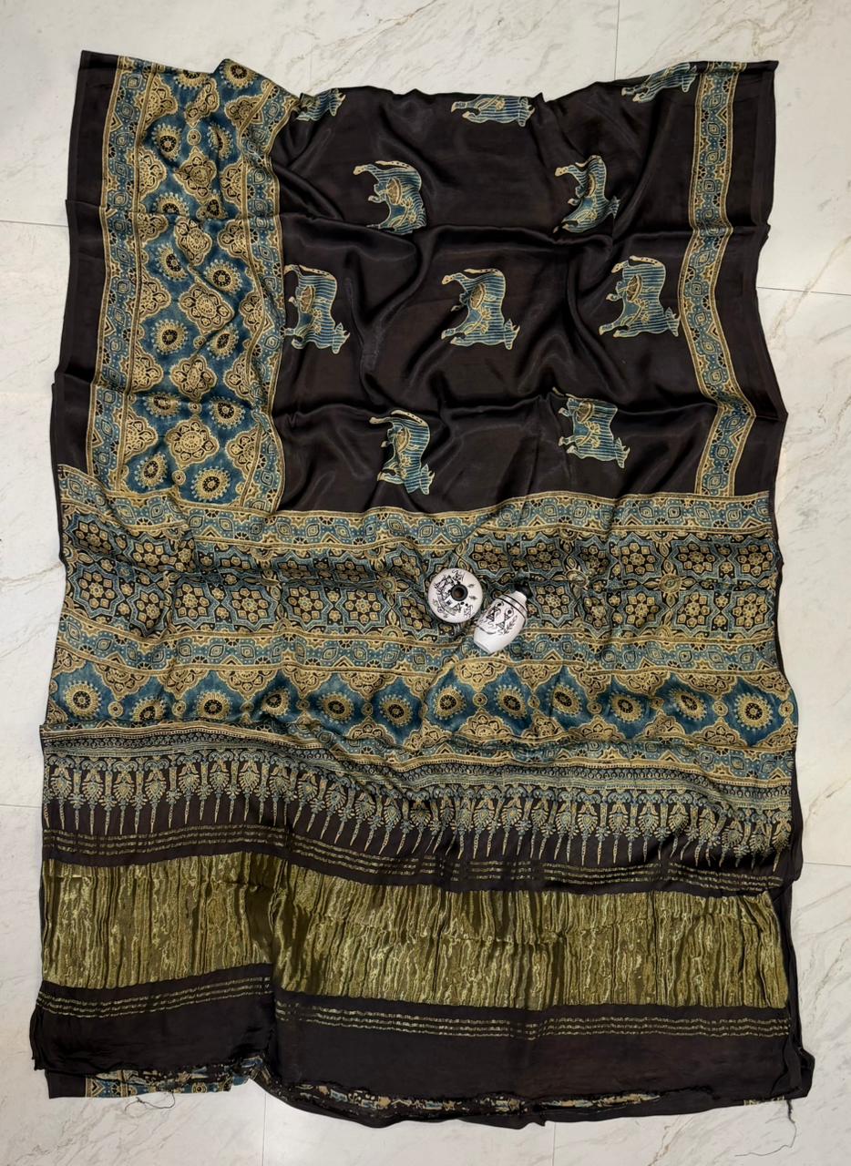 Royal Kutch Bhuj Ajrakh Printed Gajji Silk Saree
