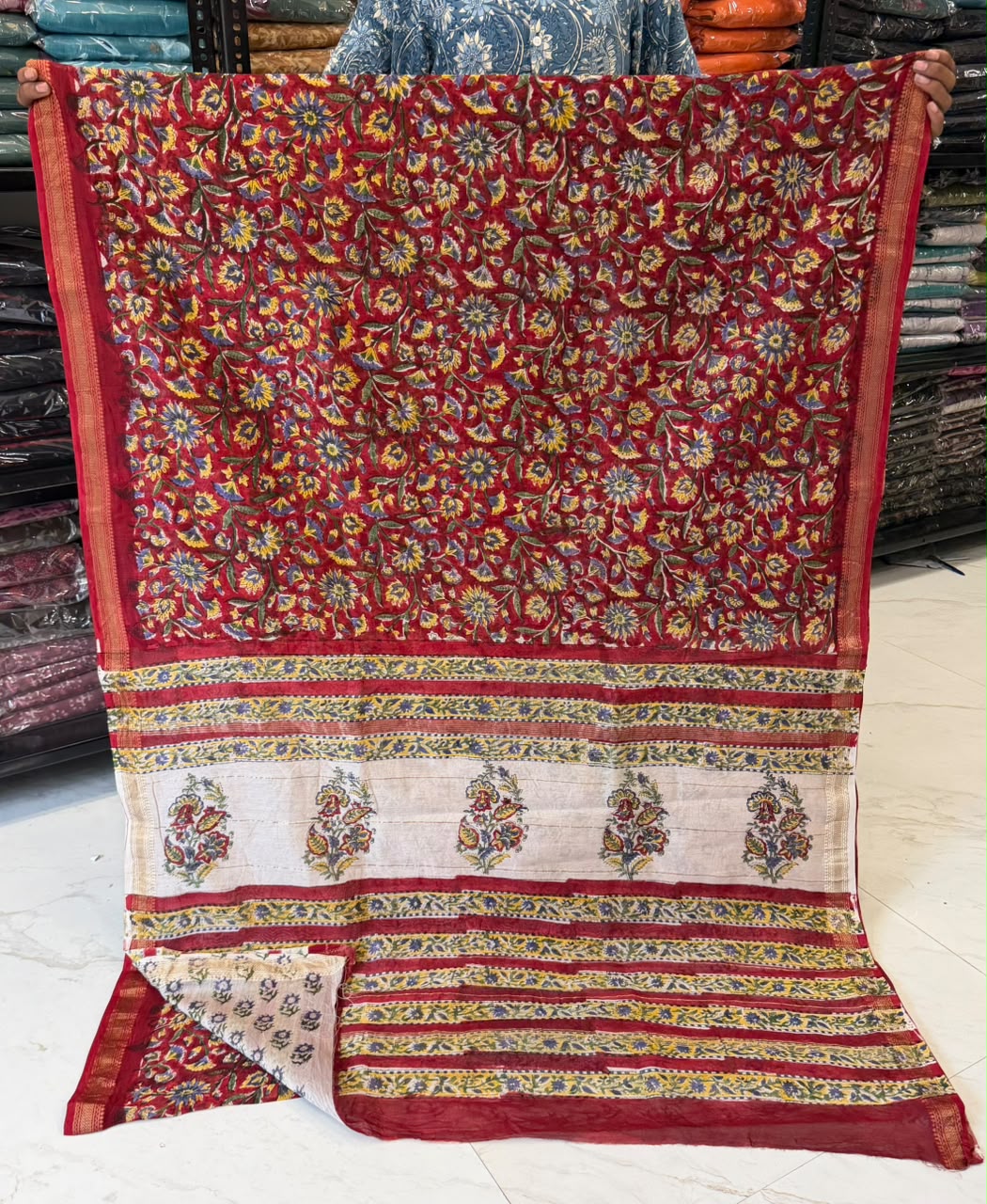 Pure Maheshwari Silk Saree Sanganeri Artisan Motif