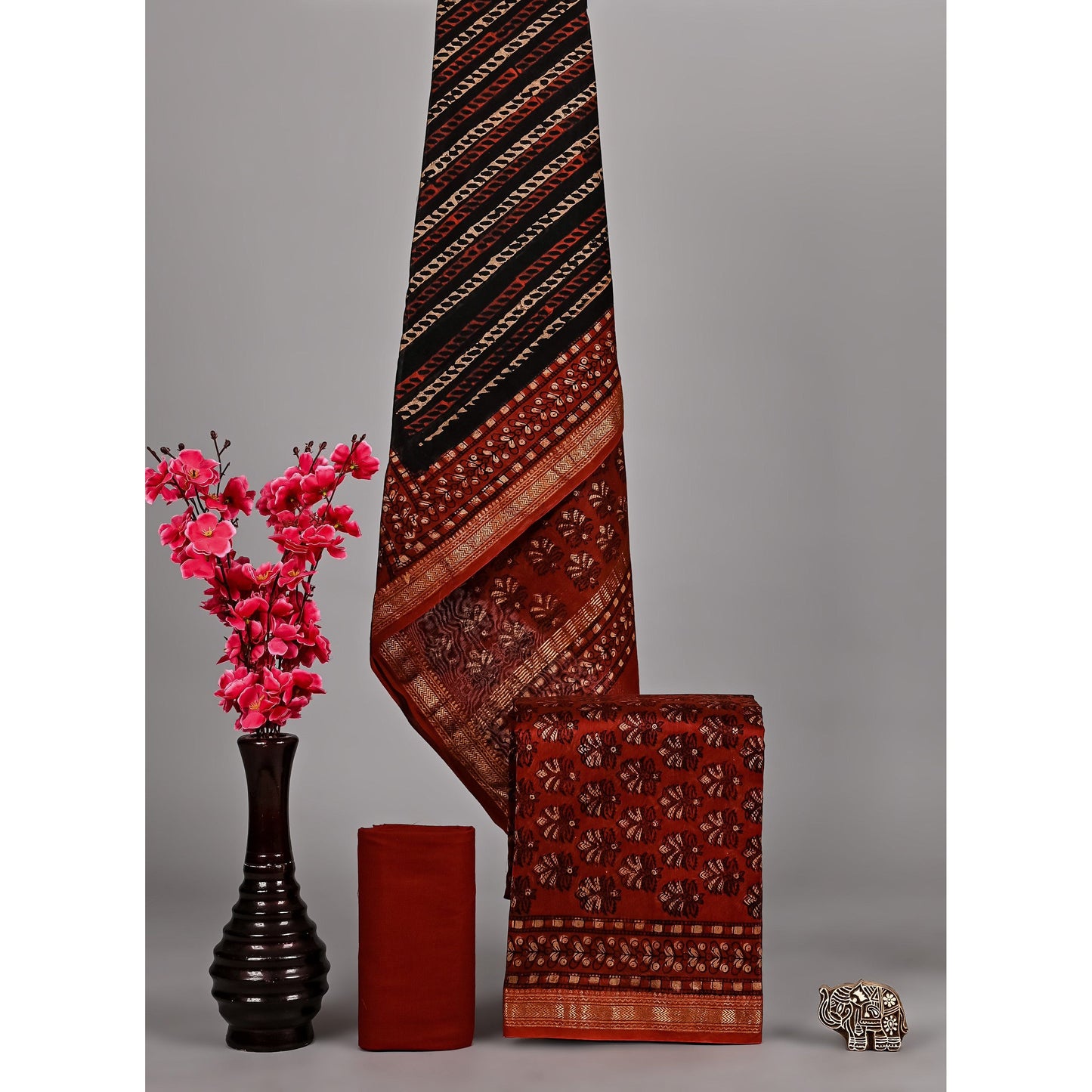 Red and black ajrakh print maheshwari silk suit