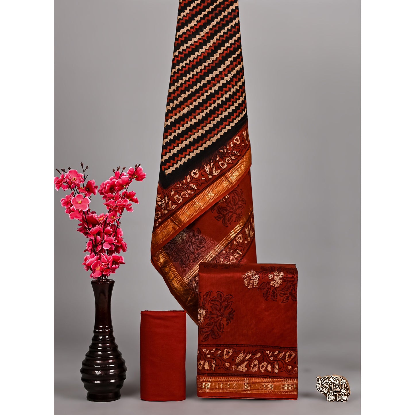 Red and black ajrakh print maheshwari silk suit