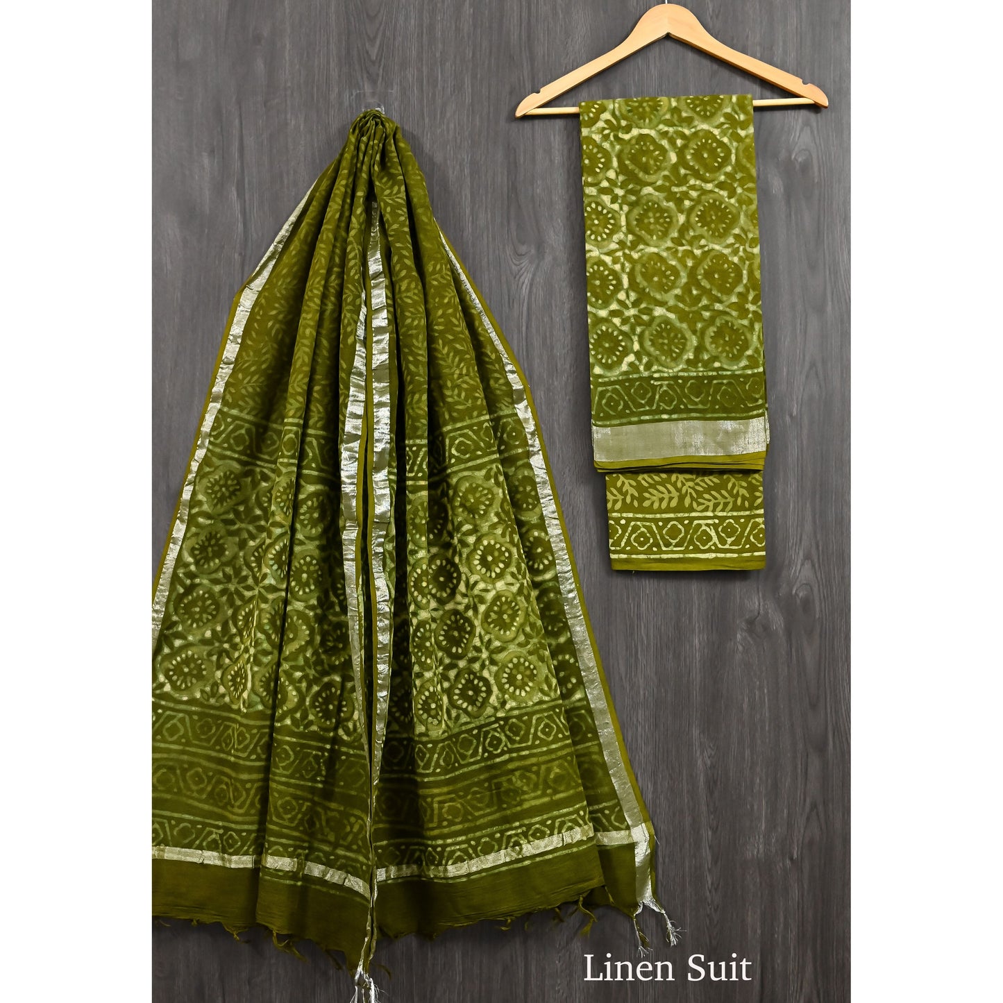 Hand Block Printed linen suit Green floral