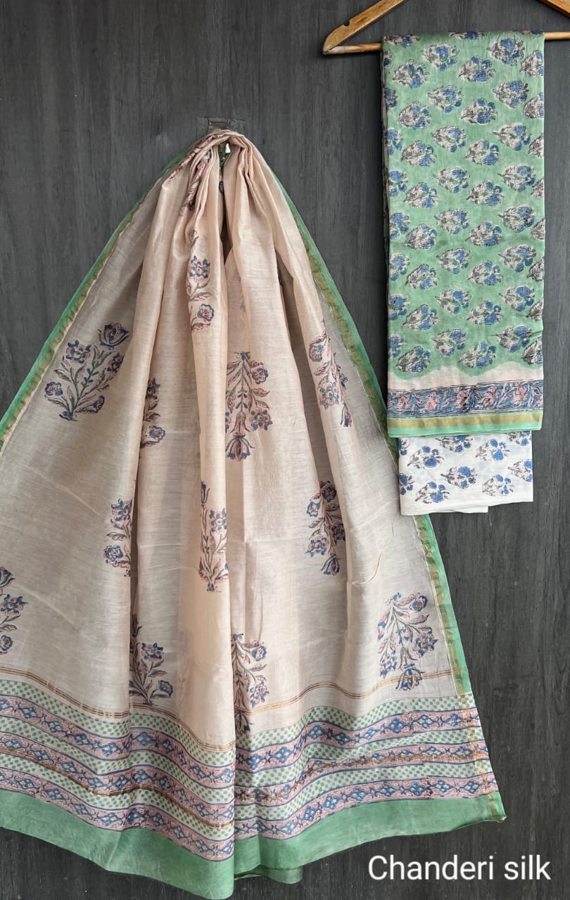 Elegant Sanganeri Block Print Silk Suit