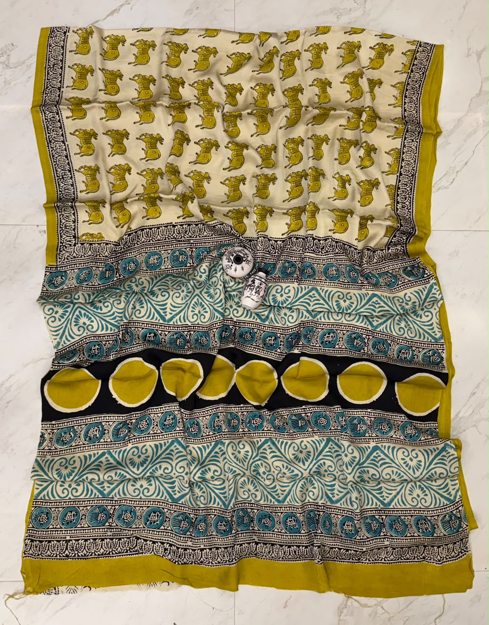 Mustard Bagru Print Pure Georgette Saree