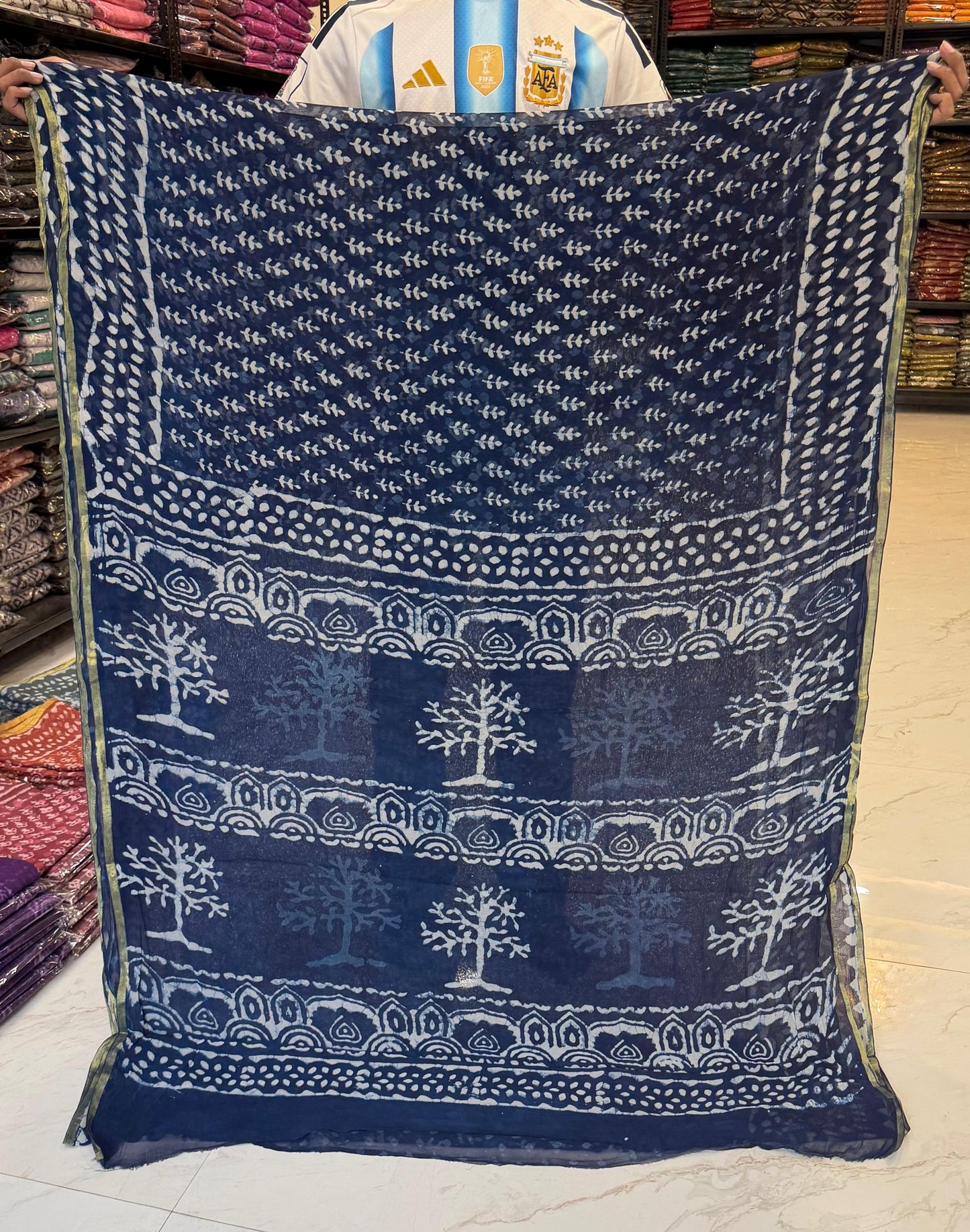 Indigo Dabu Print Pure Chiffon Saree