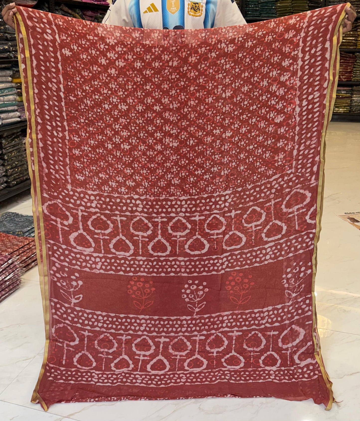 Dabu Handblock Print Pure Chiffon Saree Buti Floral Panel