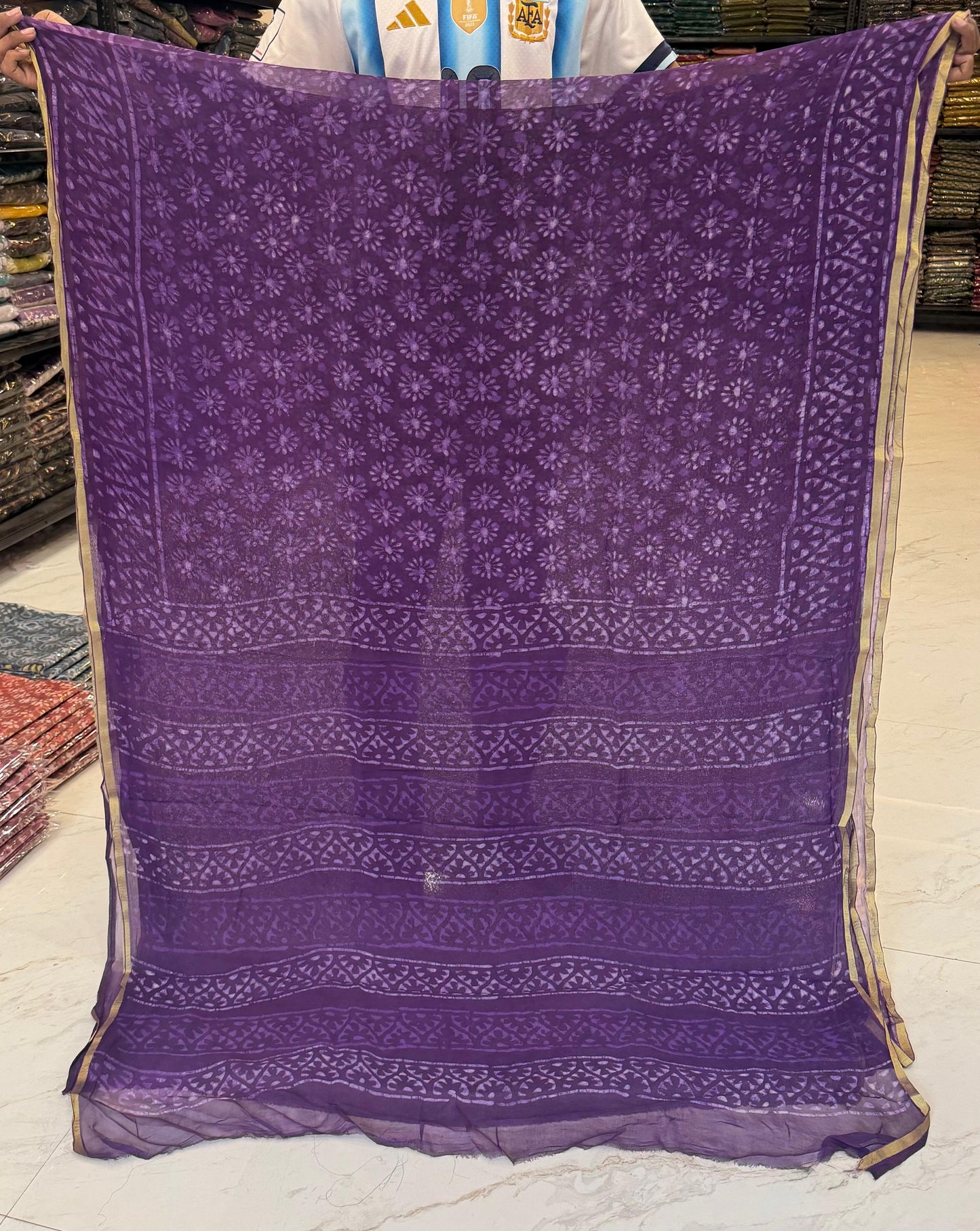 Purple Floral Dabu Pure Chiffon Saree