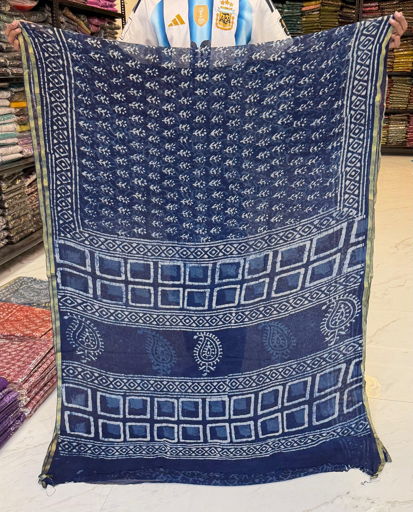 Indigo Dabu Paisley Pure Chiffon Saree