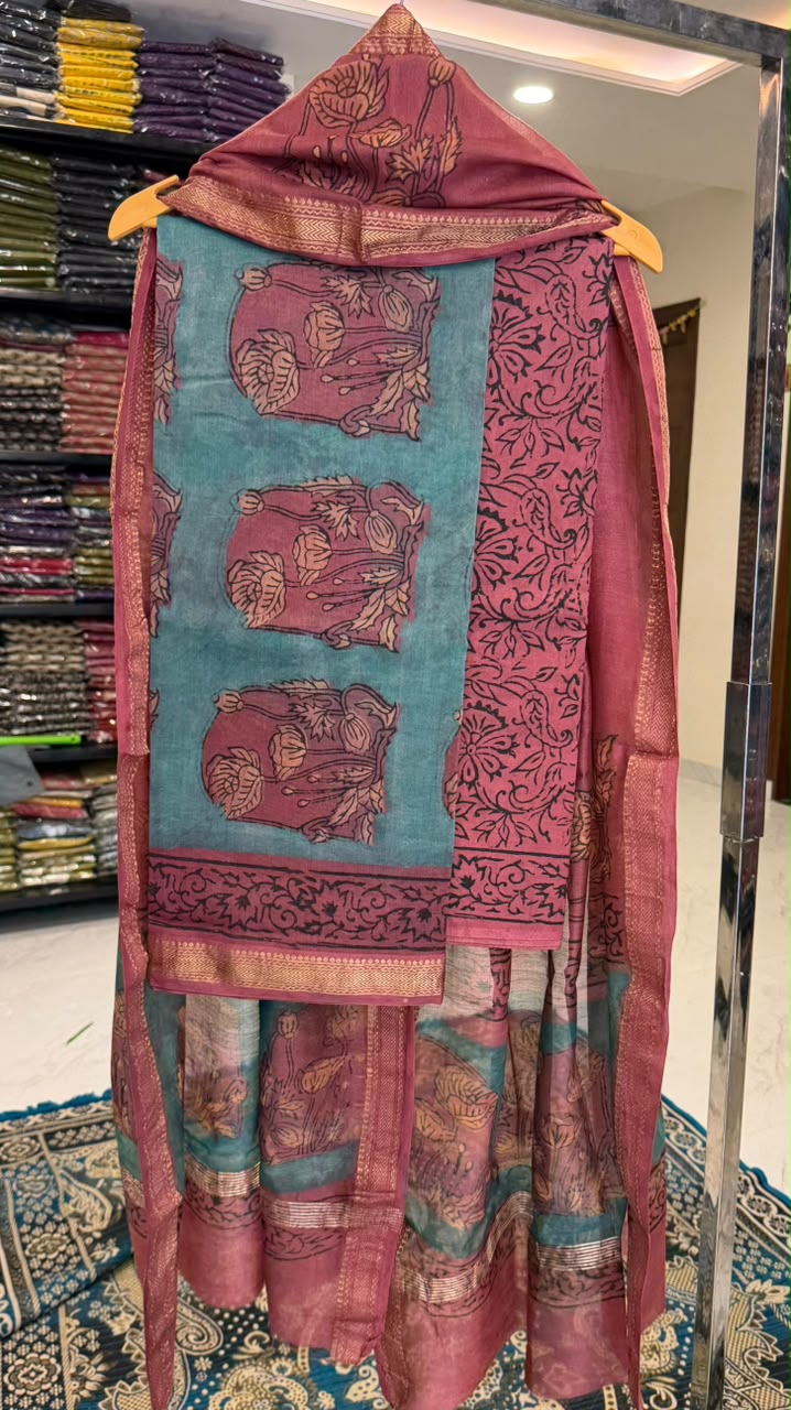 Pure Maheshwari Silk Suit Pomegranate Dye Artisan Vine