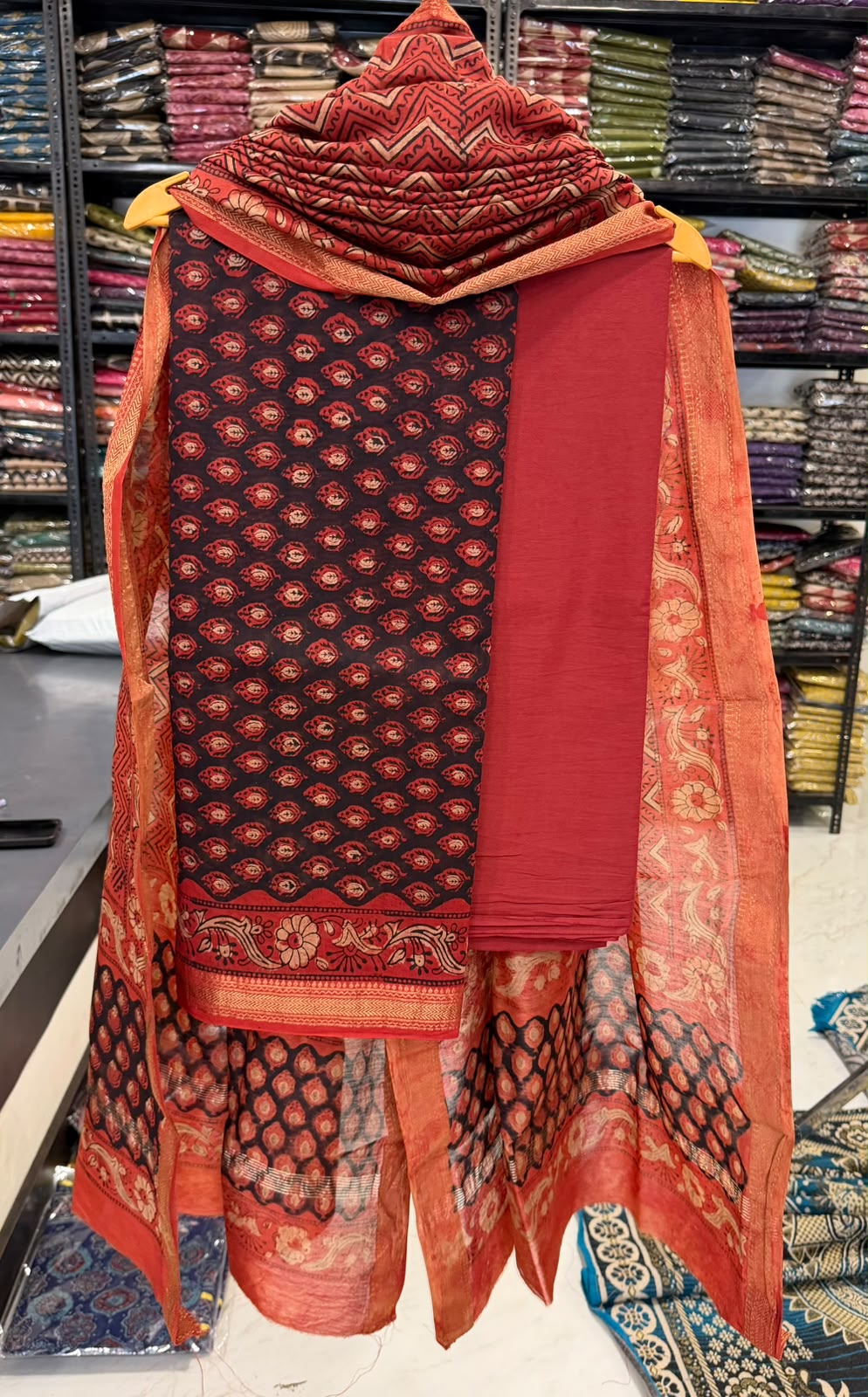 Red Black Pure Maheshwari Silk Suit Ajrakh Handblock Print