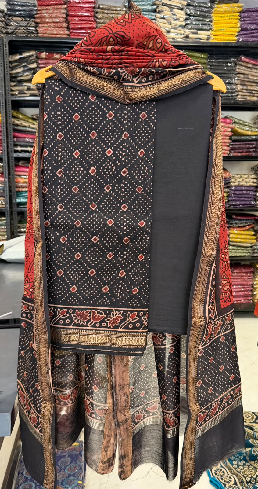 Black Red Pure Maheshwari Silk Suit Artisan Ajrakh Design