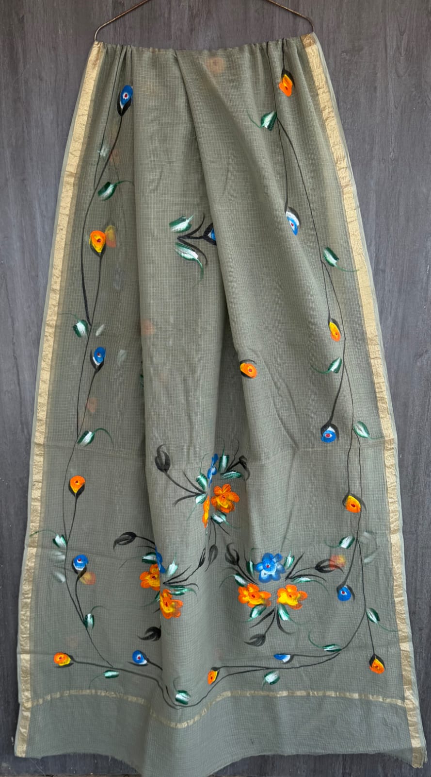 Olive Grey Handpainted Kota Doria Saree