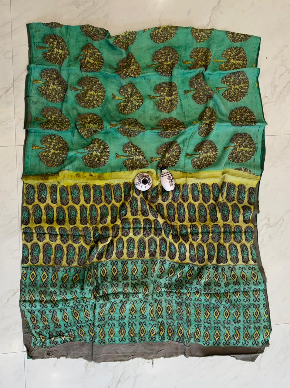 Pure Modal Silk Saree Pomegranate Dye Handcrafted Ajrakh Motif