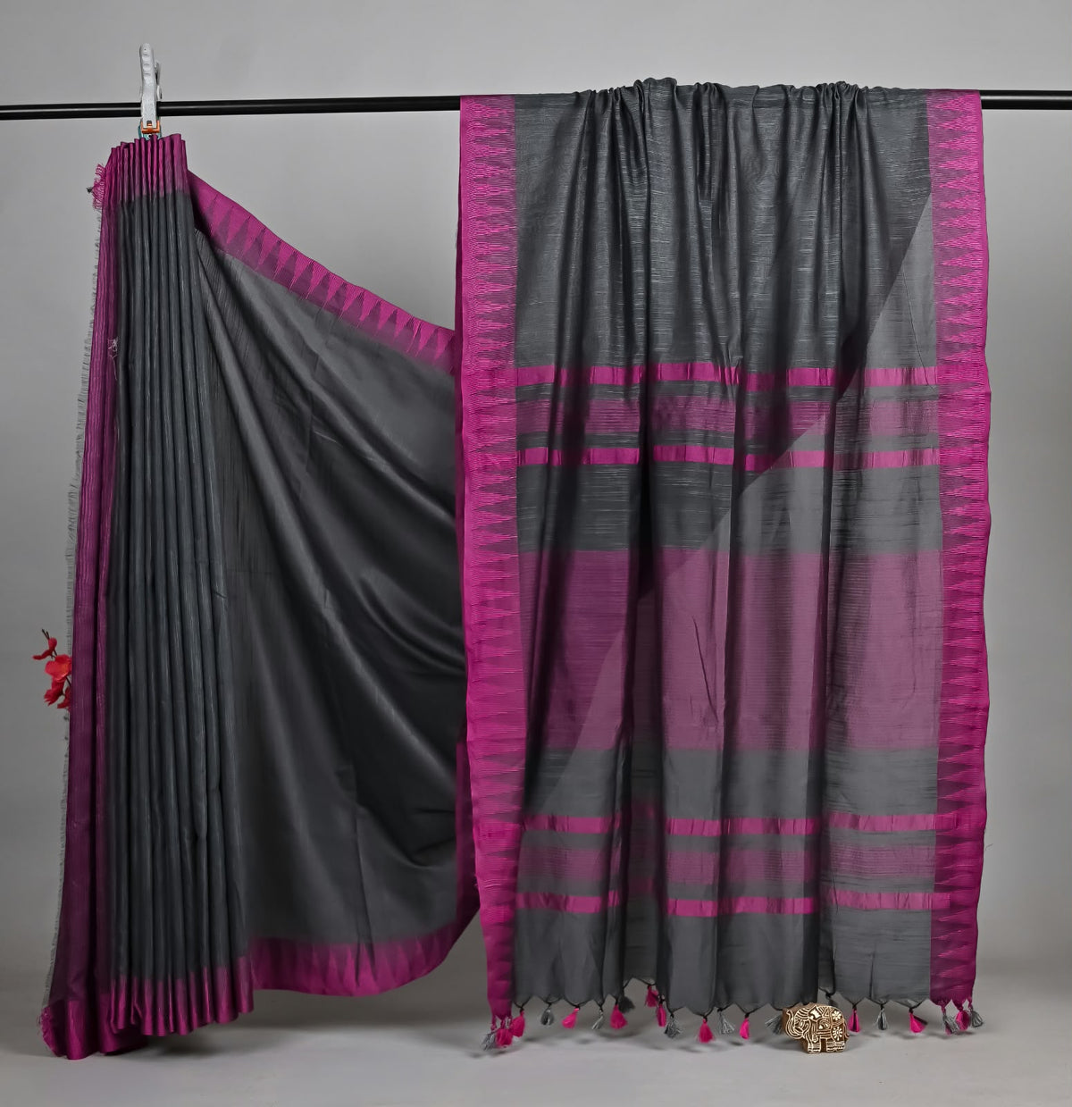 Premium Temple Embroidered Linen Saree