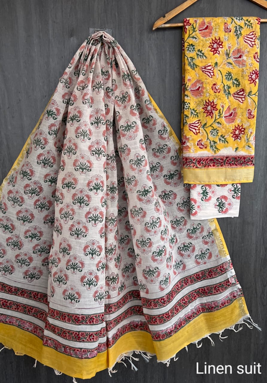 Timeless Sanganeri Traditional Linen Cotton Suit Yellow
