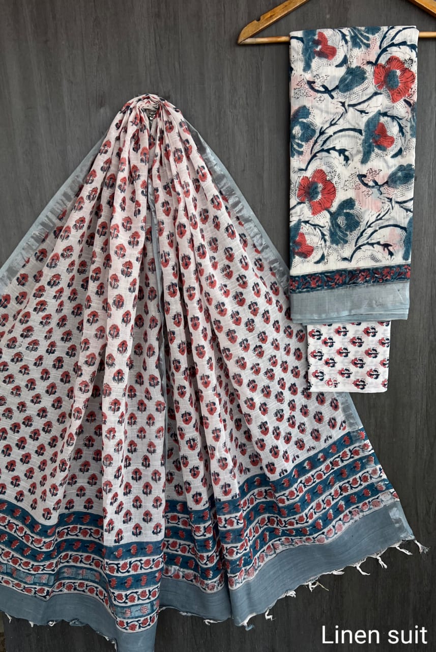Heritage Sanganeri Handblock Linen Cotton Suit White and blue