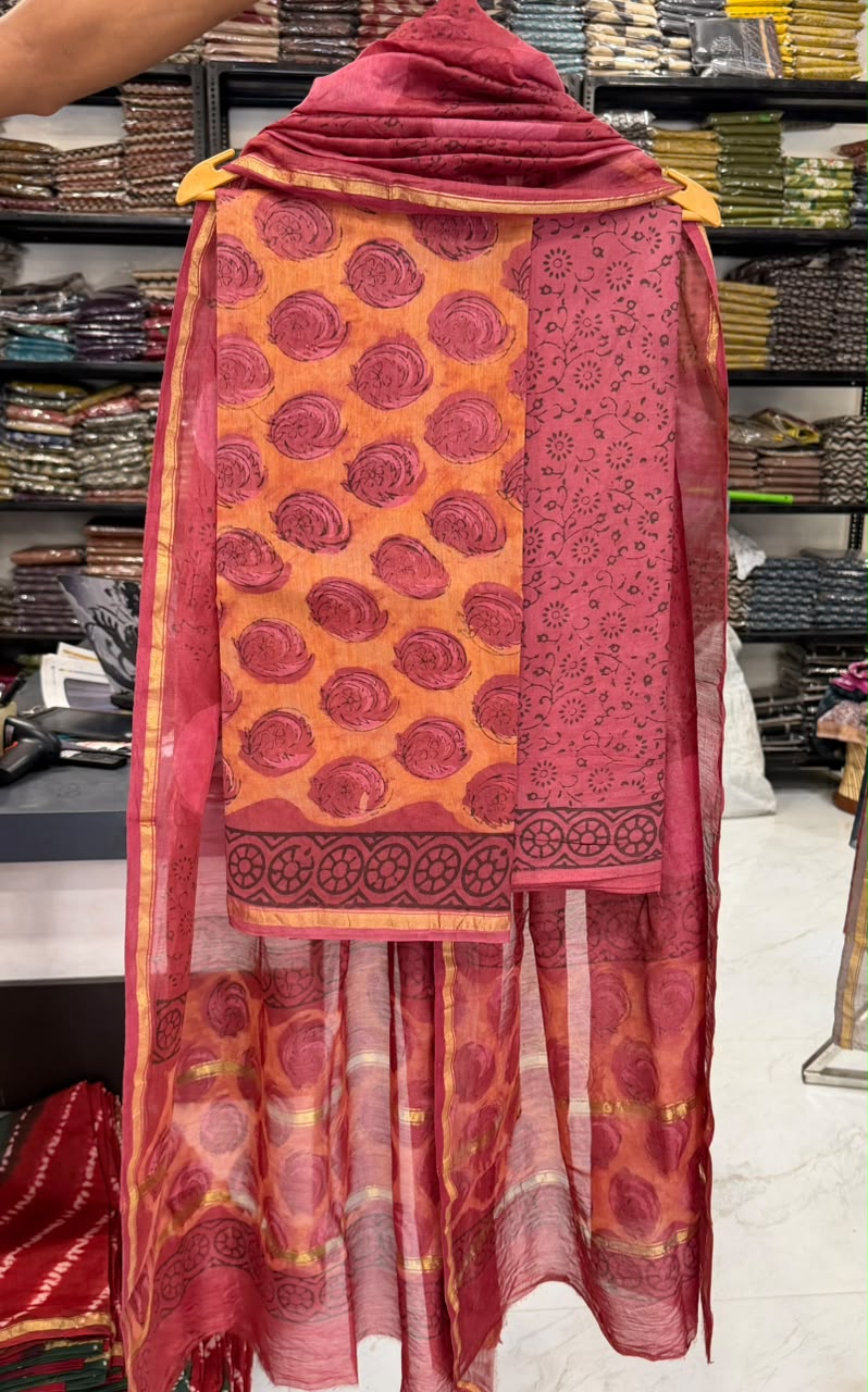 Majestic Pomegranate Block Print Chanderi Silk Suit