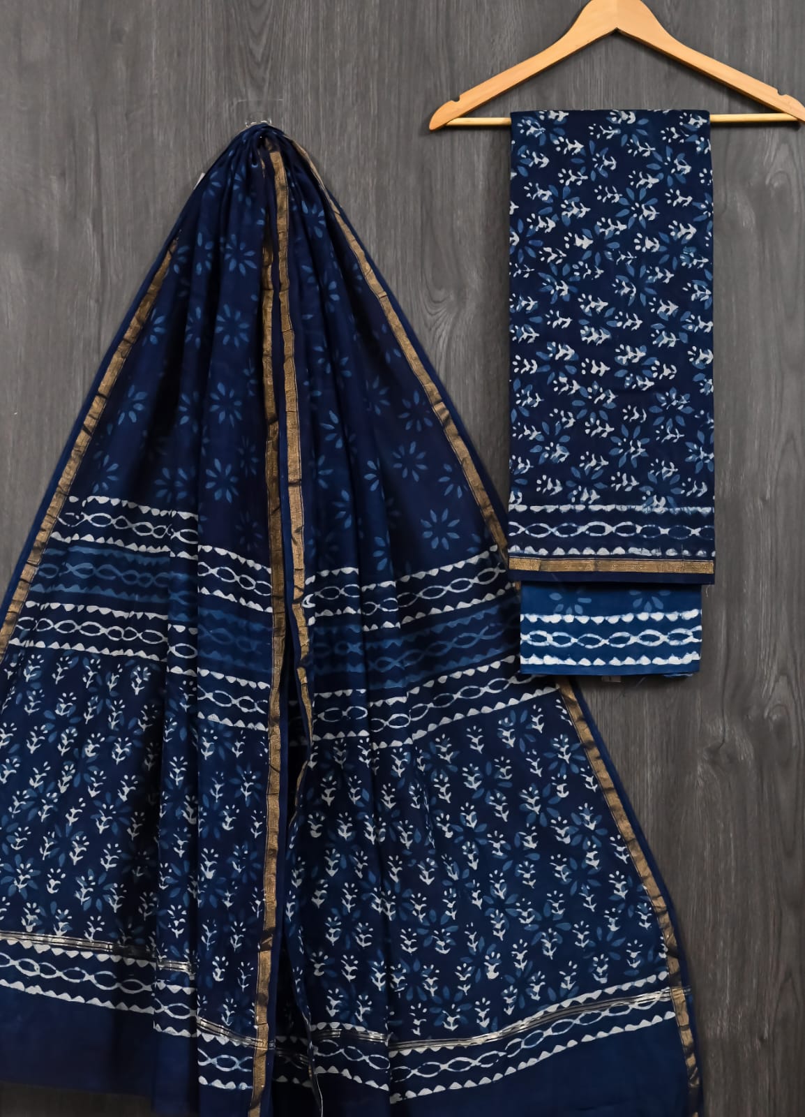 Navy Blue Dabu Print Chanderi Silk Suit