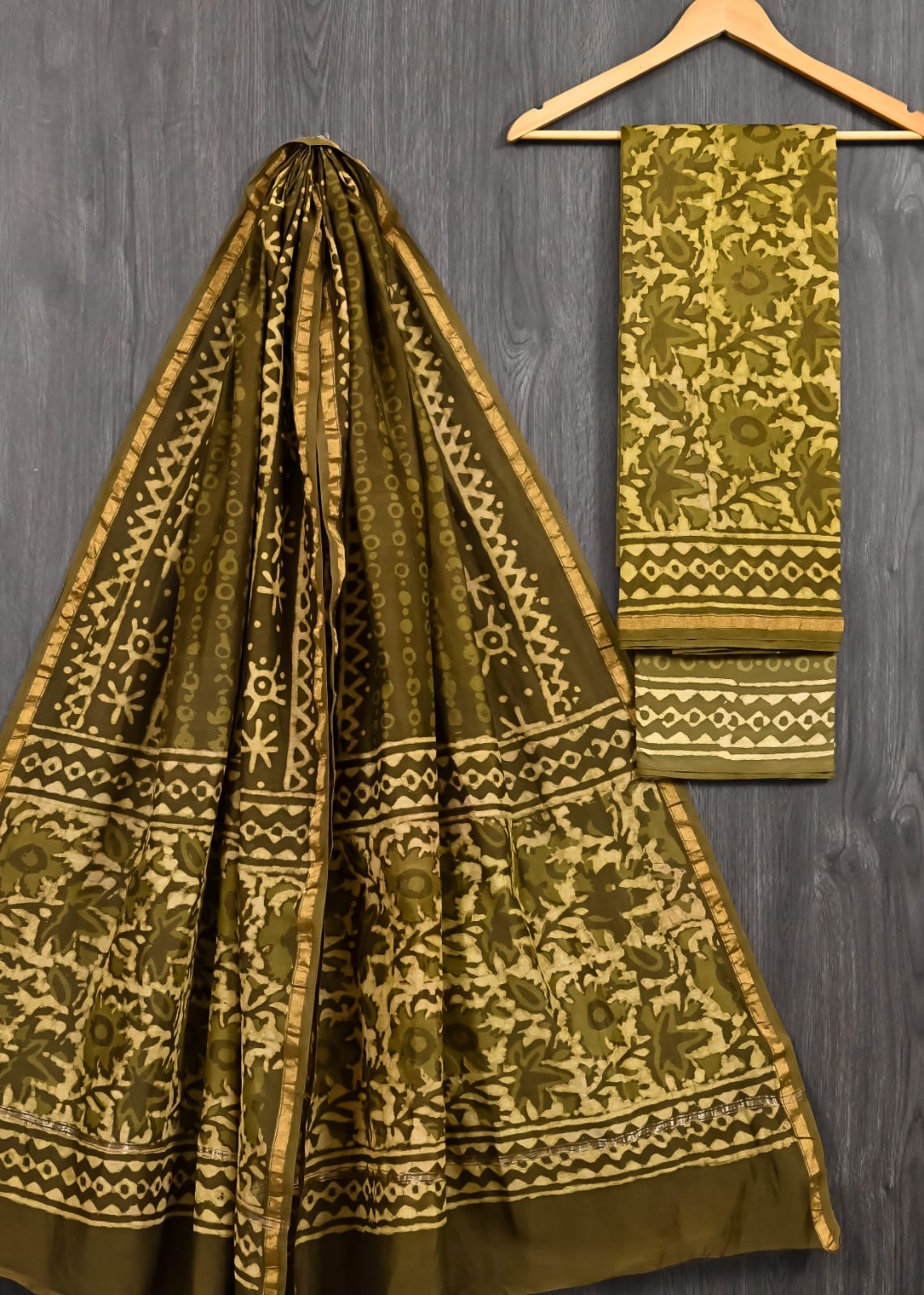 Olive Green Dabu Print Chanderi Silk Suit