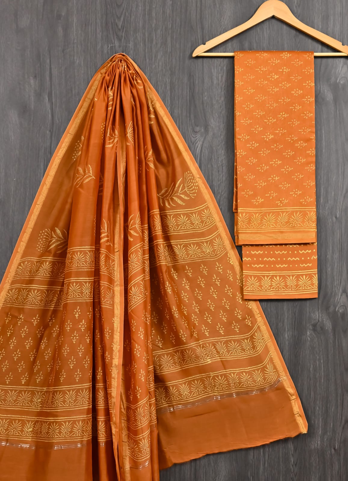Rust Orange Discharge Print Chanderi Silk Suit