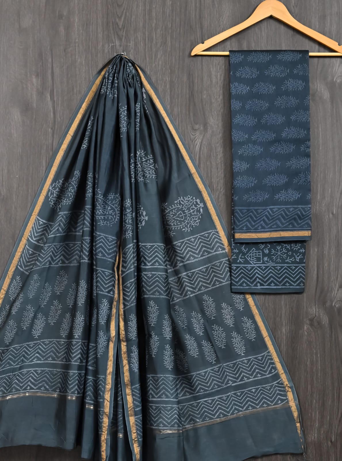 Charcoal Grey Discharge Print Chanderi Silk Suit