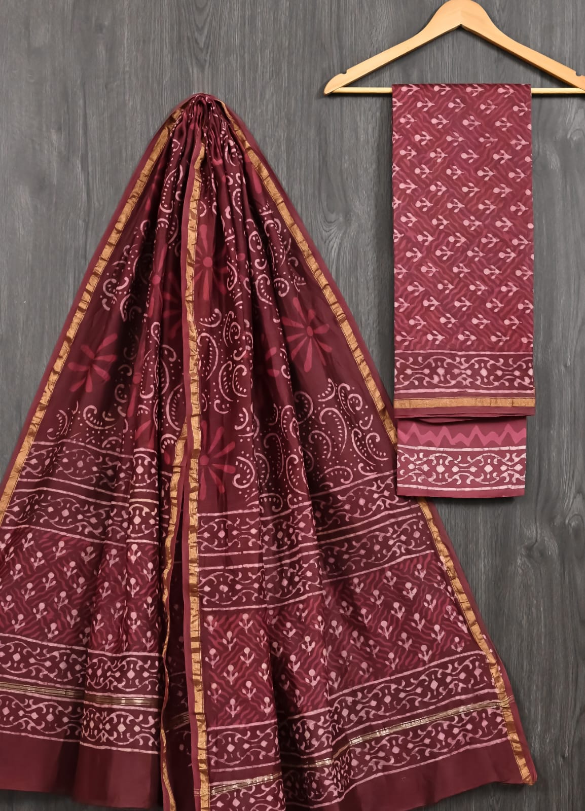 Maroon Dabu Print Chanderi Silk Suit