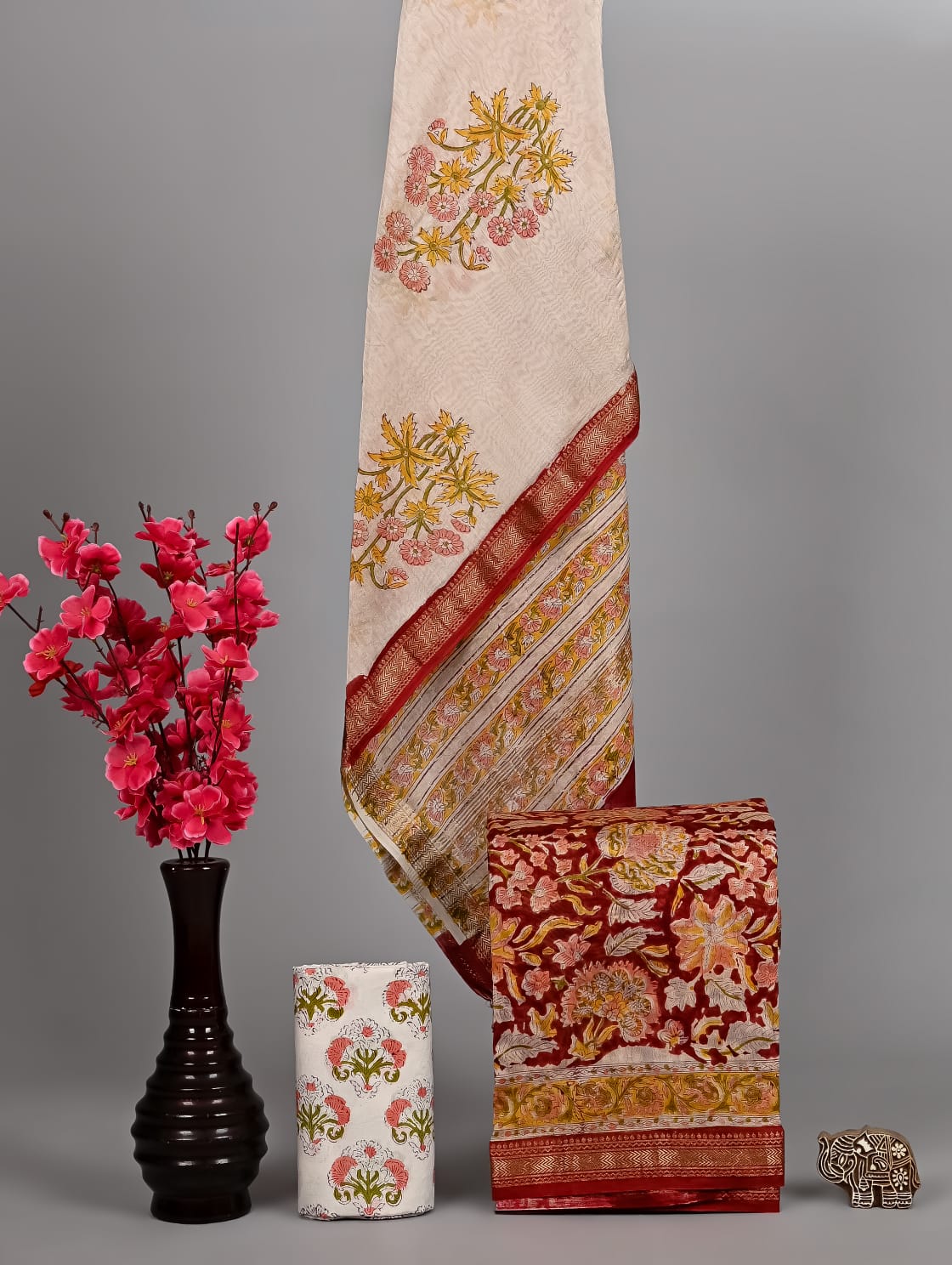 Pure Maheshwari Silk Suit Classic Sanganeri Handcrafted Motif