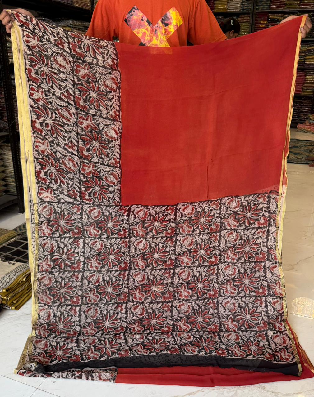 Authentic Bagru Handblock Printed Pure Chiffon Drape Saree
