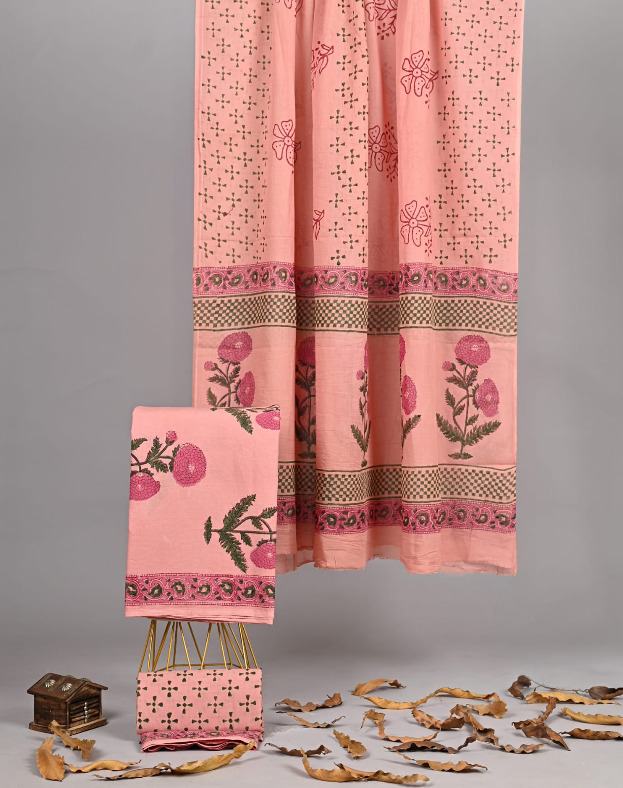 Beige Red Booti Cotton Suit Bagru Print