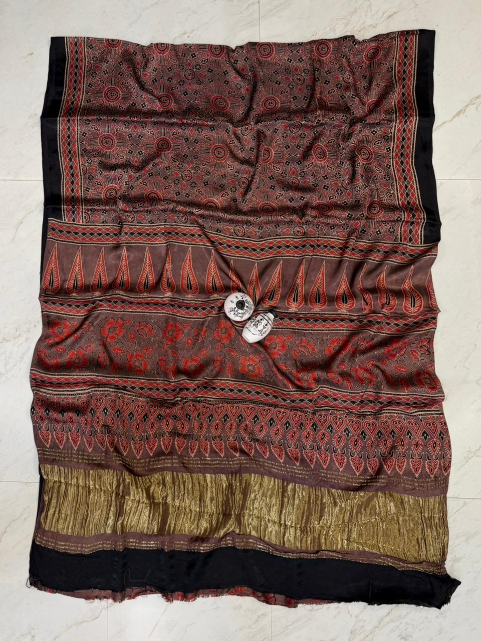 Distinguished Kutch Bhuj Ajrakh Print Pure Gajji Silk Saree