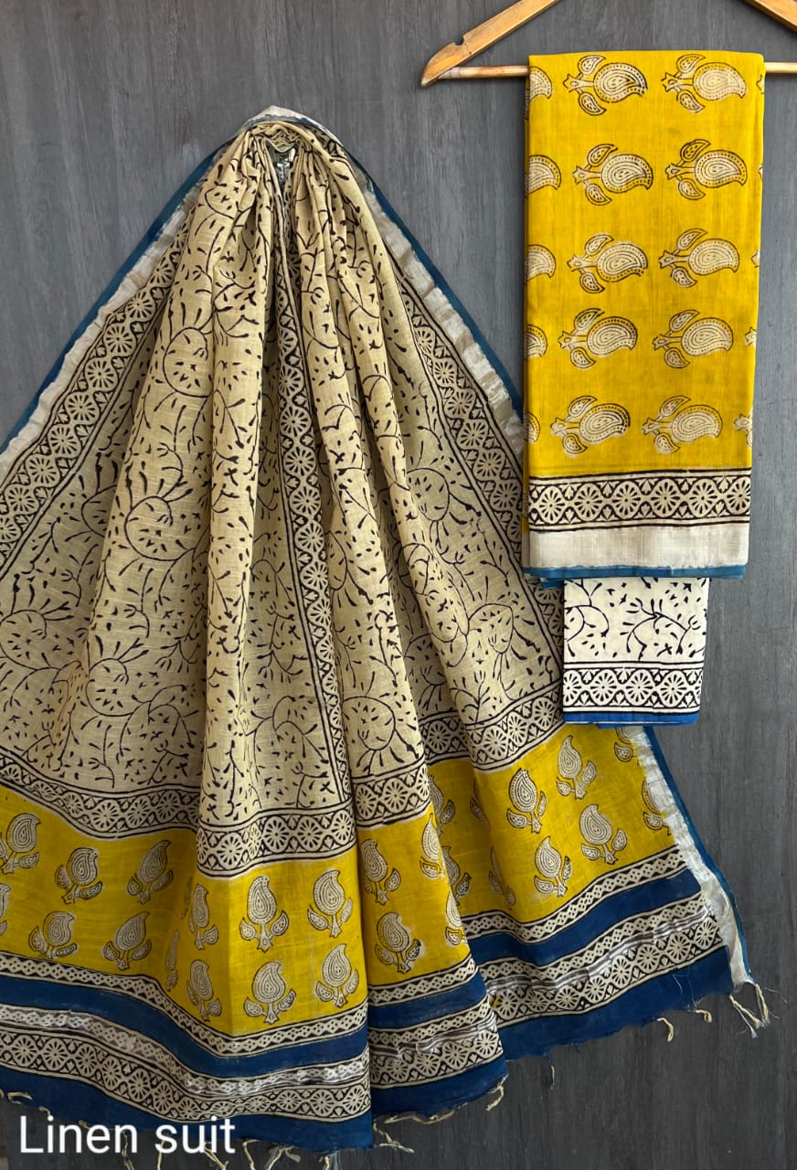 Yellow And Blue Combination Pure Linen Cotton Suit