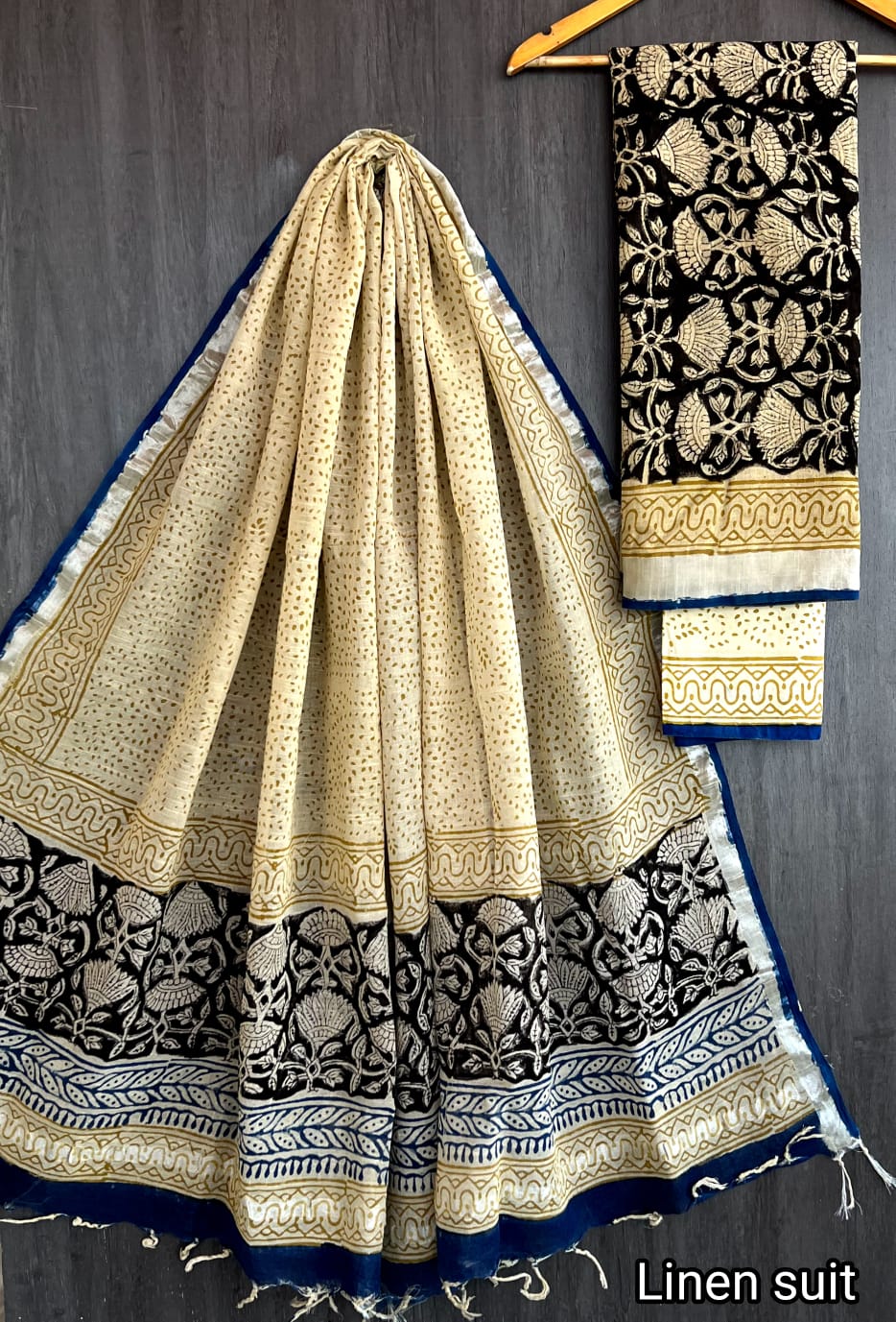 Black Bagru Handblock printed Pure Linen Cotton Suit