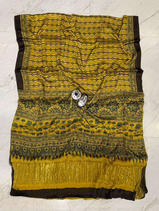 Fine Kutch Bhuj Ajrakh Printed Gajji Silk Attire Saree