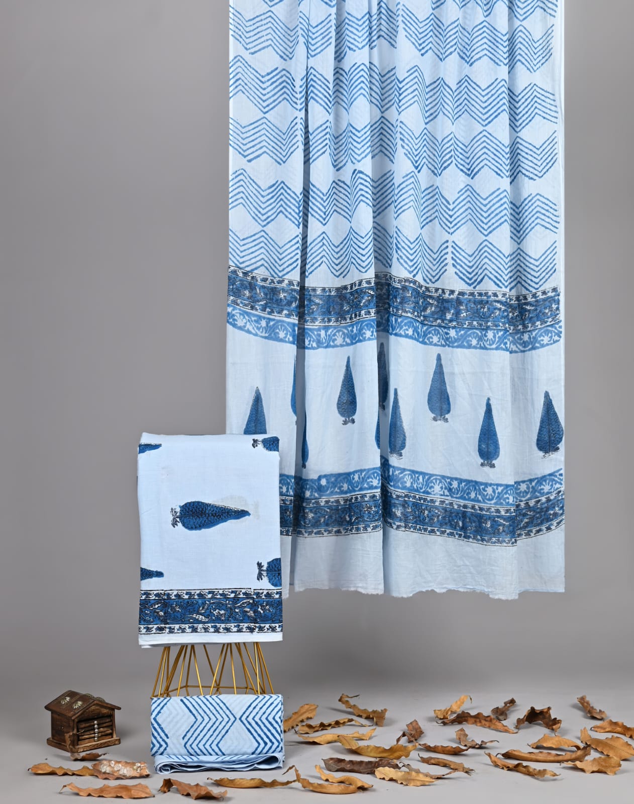 Blue White Cotton Suit Floral Handblock Print