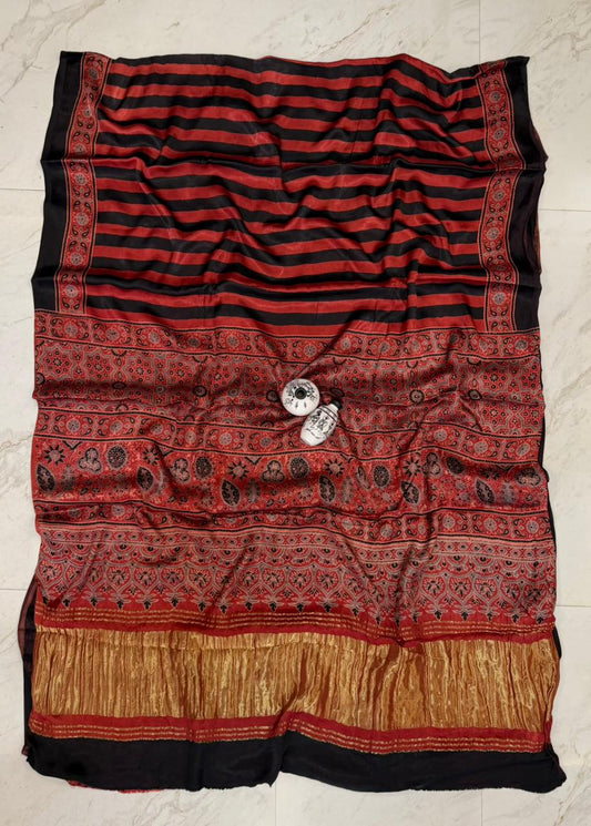 Timeless Kutch Bhuj Ajrakh Printed Gajji Silk Saree