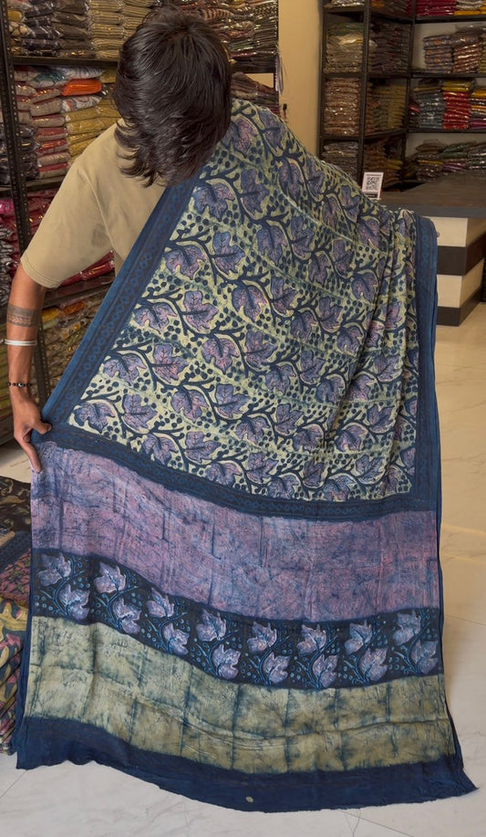 Pure Modal Silk Saree Pomegranate Dye Ajrakh Handblock Print Heritage Floral