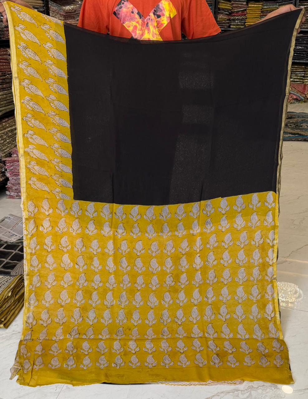 Elegant Bagru Handblock Print Chiffon Weave Saree