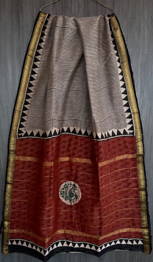 Elegant Bagru Printed Pure Maheshwari Silk Weave Saree