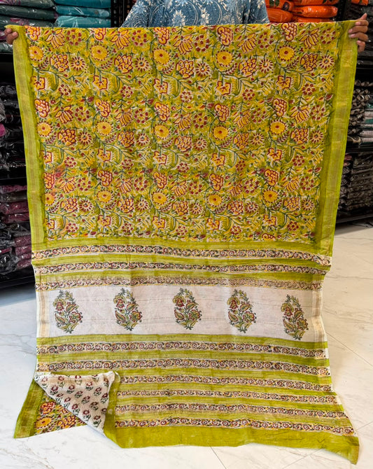 Pure Maheshwari Silk Saree Sanganeri Floral Vine