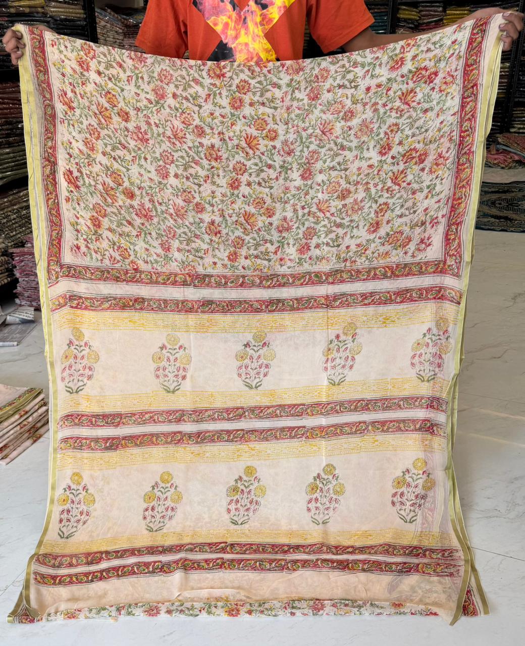 Royal Pigment Handblock Print Double Diamond Chiffon Saree