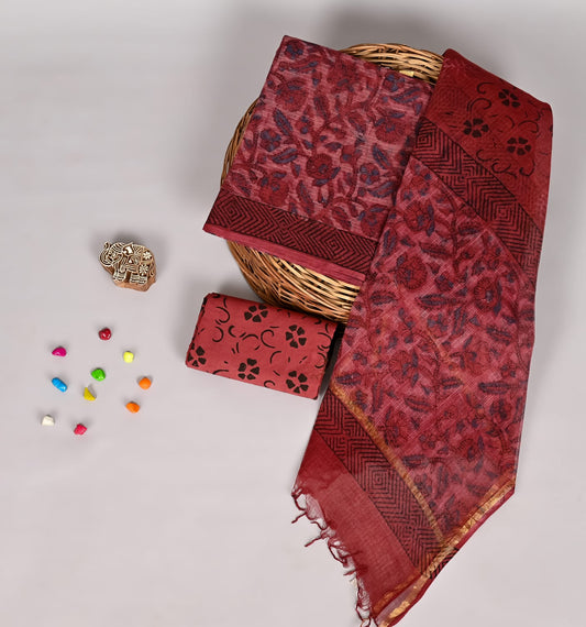 Pure Kota Doria Suit Pomegranate Dye Print