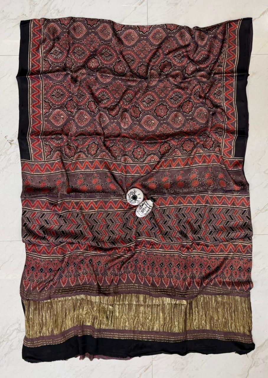 Graceful Kutch Bhuj Ajrakh Printed Gajji Silk Weave Saree