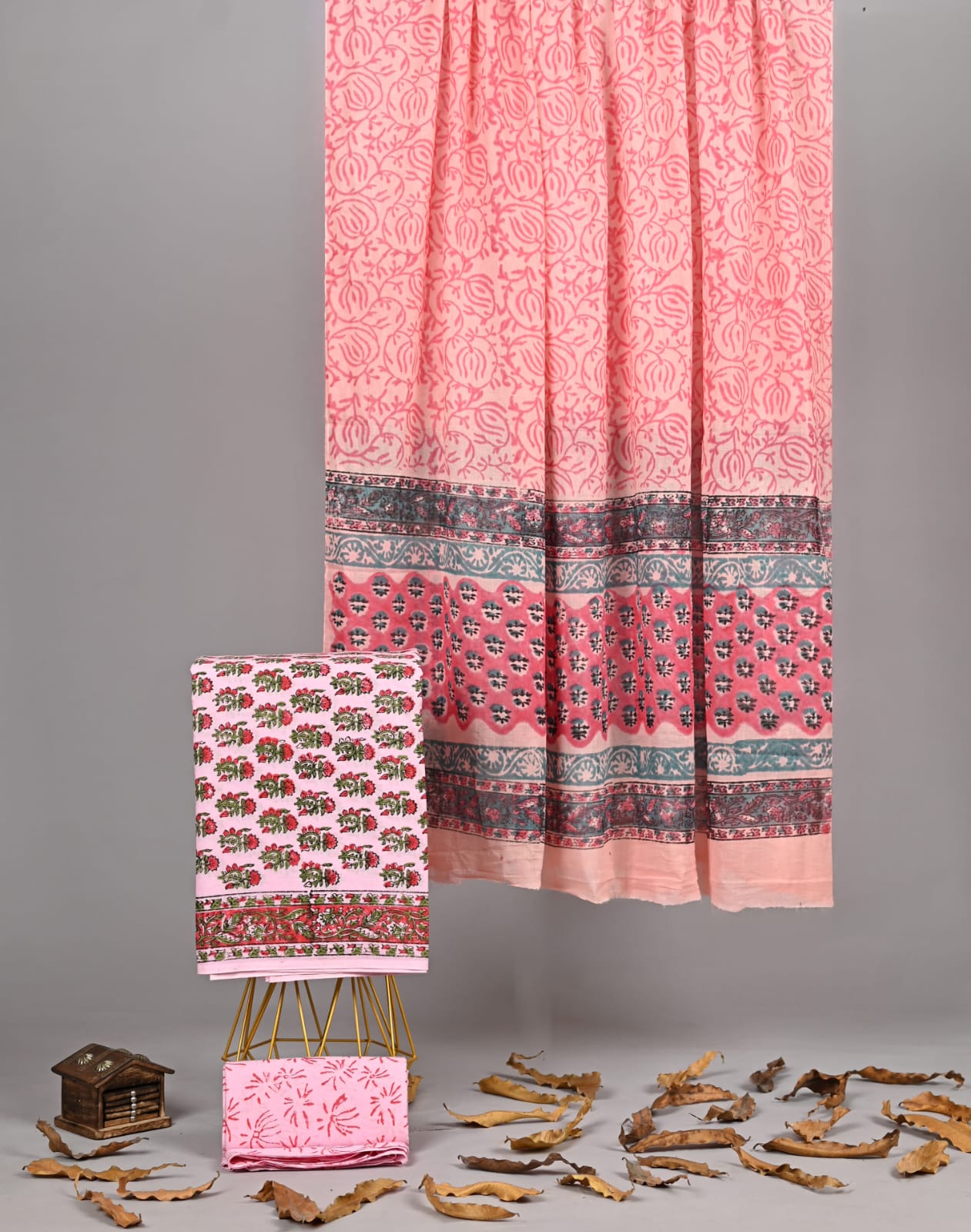 Pink Cotton Suit Floral Block Print