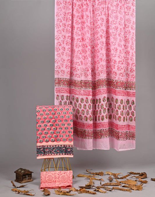 Baby Pink Cotton Suit Handblock Floral Design