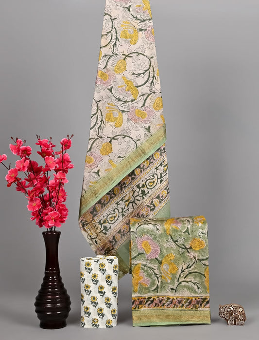 Pure Maheshwari Silk Suit Sanganeri Artisan Floral Vine